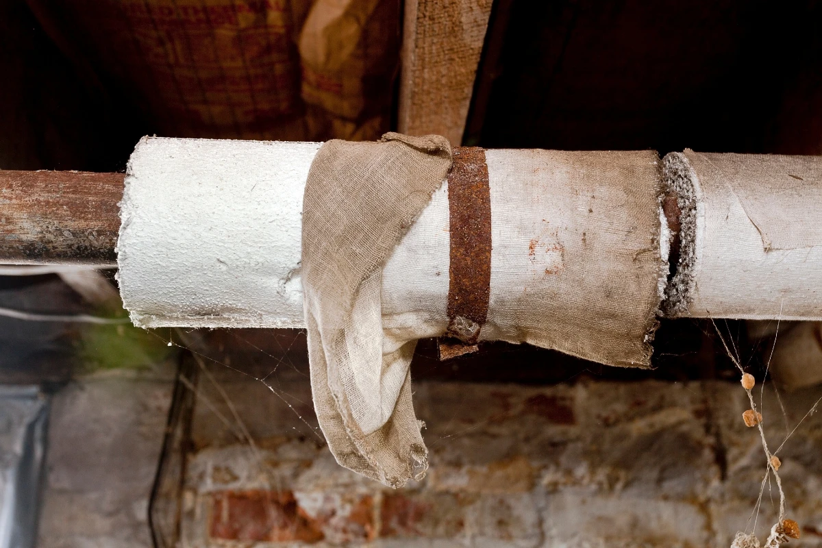 Asbestos-containing insulation wrapped around a pipe