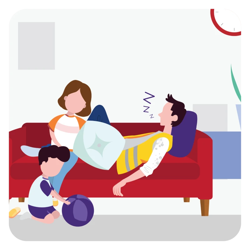 Graphic - father taking a nap on couch with dirty work clothes next as wife relaxes next to him and child plays on ground