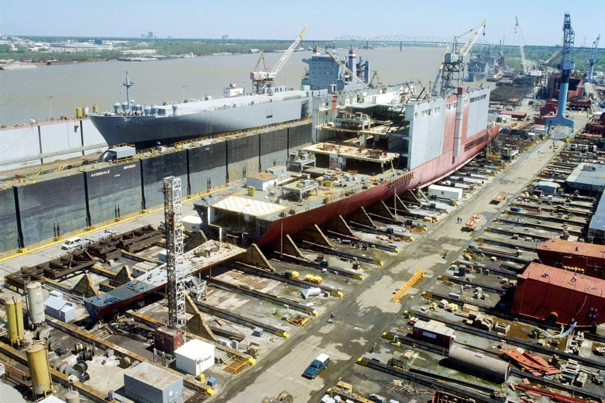 Military ship under construction at Avondale Shipyard.